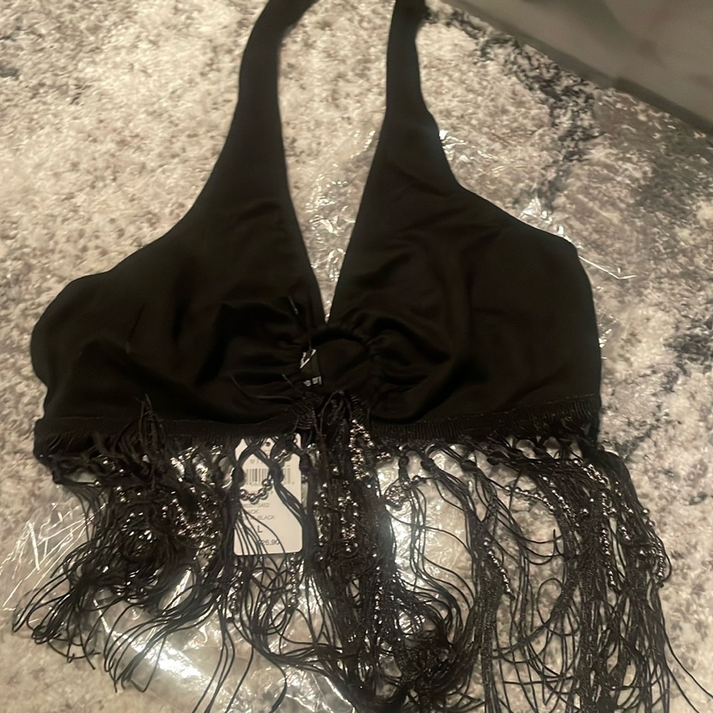 NWT size large halter black velvety halter with tassels n beads
